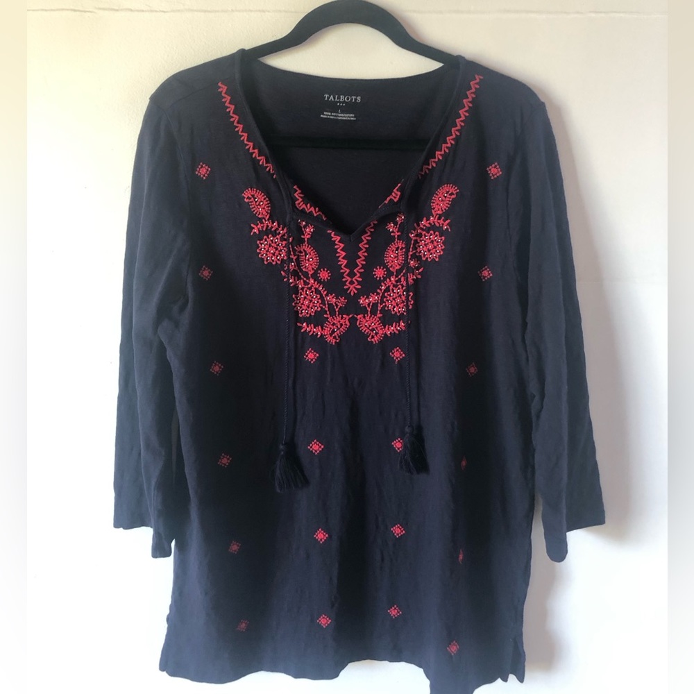 Talbots Women’s L Embroidered T-Shirt Boho Beach Travel Comfy